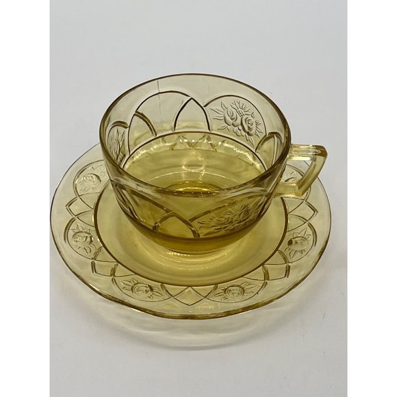 Vtg. Federal Depression Glass Rosemary Dutch Rose Amber Tea Cup with Saucer 4" - Picture 2 of 4